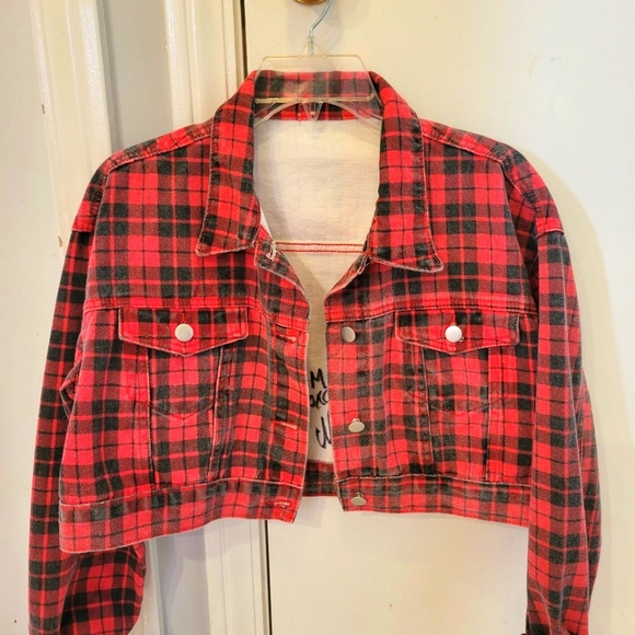 Red plaid denim CC  jacket cropped bomber small/med - Picture 4 of 4